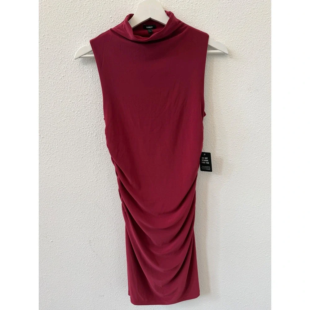 Express Womens Burgundy Mock Neck Ruched Bodycon Sleeveless Dress S NEW